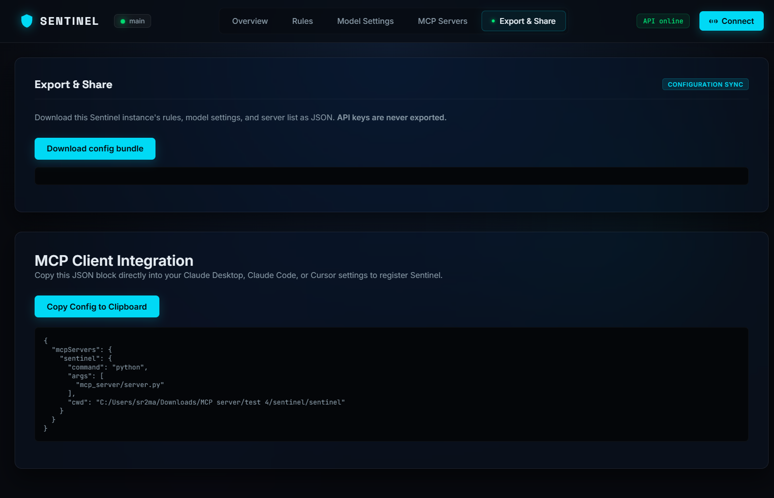 Export and share panel with downloadable configuration and MCP client config